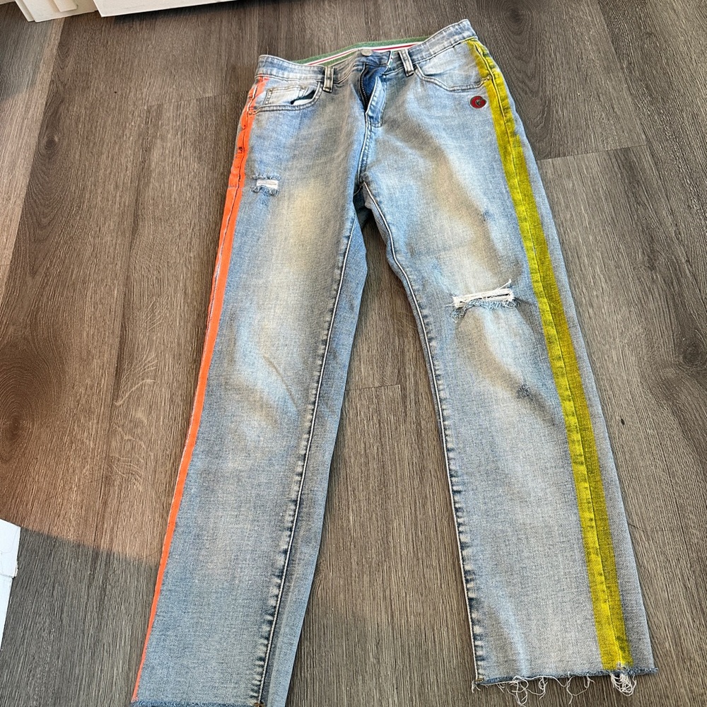 Stylish Distressed Jeans with Colorful Stripes